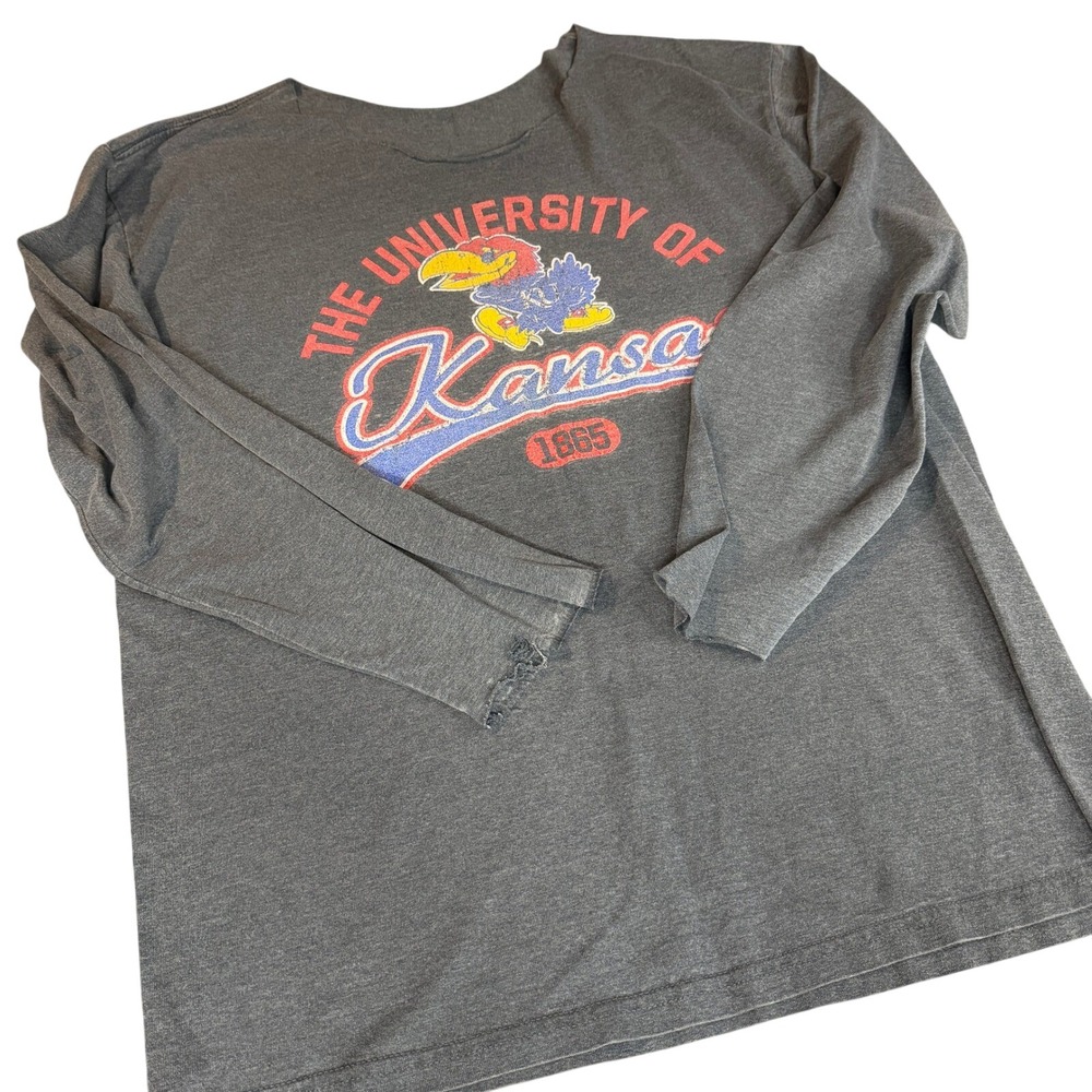 Vintage University of Kansas Jayhawks Distressed Long Sleeve T-Shirt Gray KU L